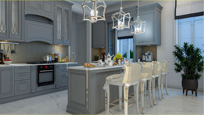 Gig Preview - Classic kitchen design,interior color concept,dining area,cabinet render,cgi,skp