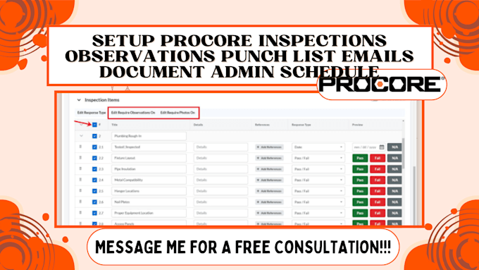 Bestseller - setup procore inspections observations punch list emails document admin schedule