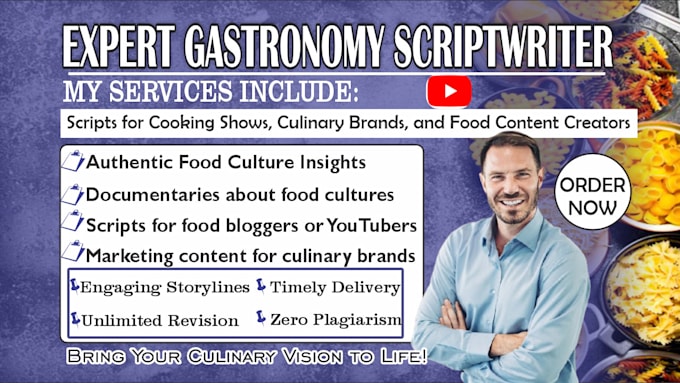 Gig Preview - Write gastronomy script for cooking shows, food brands, with delicious dialogues