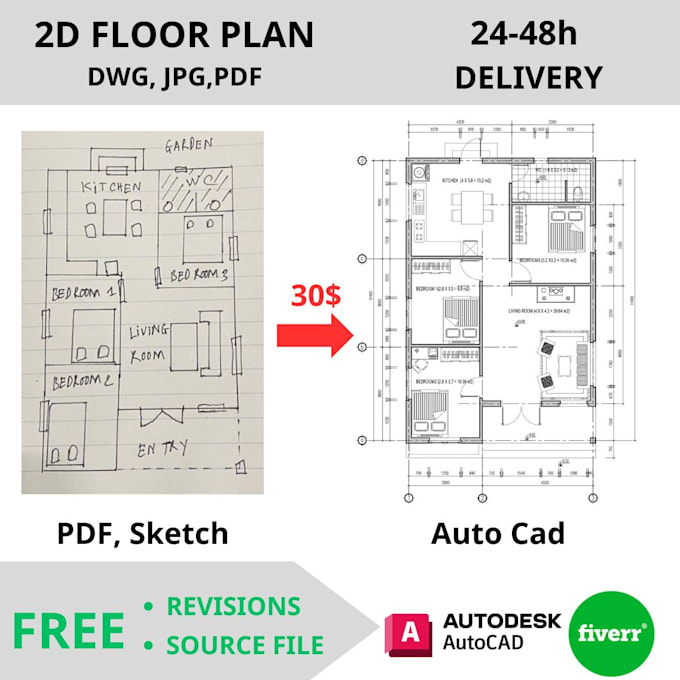 Gig Preview - Draw 2d floor plan for you in autocad from pdf, hand sketch