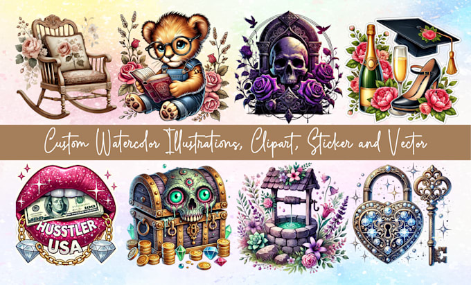 Gig Preview - Designs custom watercolor illustrations, clipart, sticker and vector