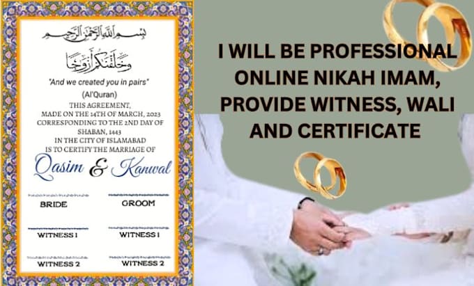 Gig Preview - Conduct online nikah, witnesses, receive official nikah certificate