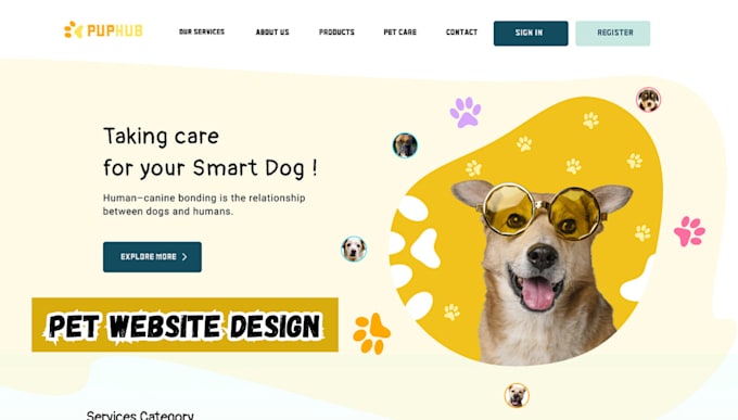 Gig Preview - Design puppy dog website, pet care, pet store, animal care, dog grooming website