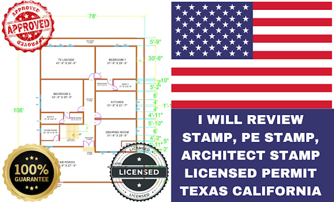 Gig Preview - Review stamp, pe stamp, architect stamp licensed permit texas california stamp