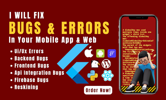 Gig Preview - Fix bugs and errors in your android  ios app and website, flutter developer