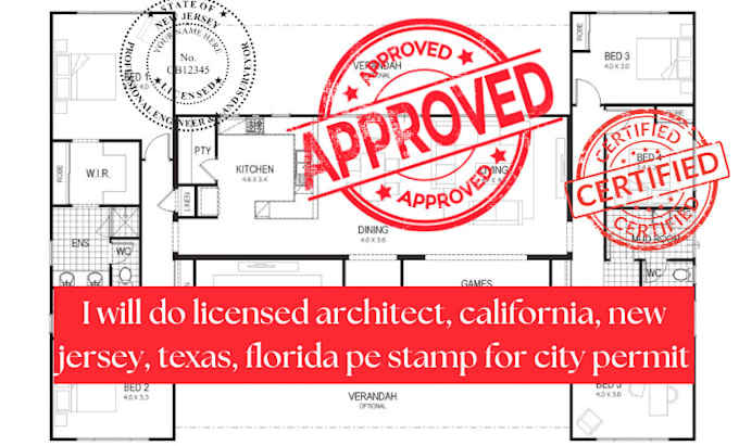 Gig Preview - Do licensed architect, california, nj, texas, florida pe stamp for city permit