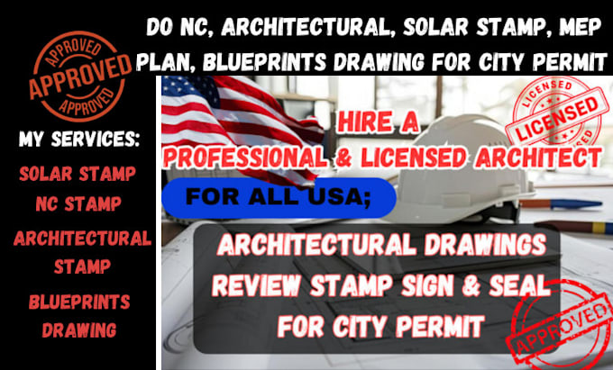 Gig Preview - Do nc, architectural, solar stamp, mep plan, blueprints drawing for city permit