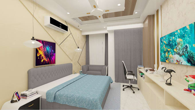 Gig Preview - Renovate bachelor bedroom, home office apartment,3d realistic rendering,wardrobe