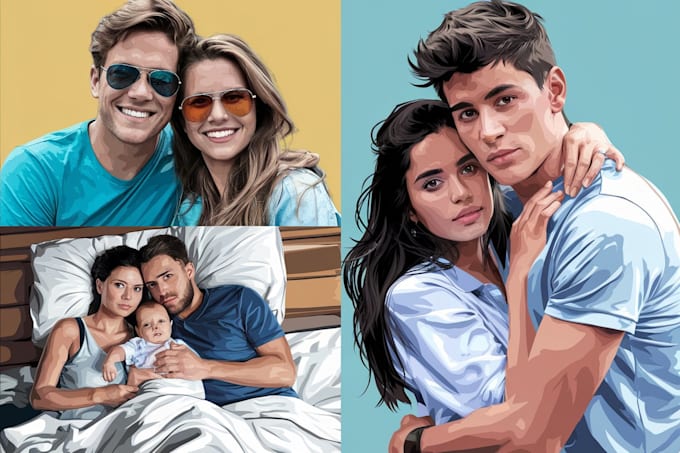 Bestseller - draw couple or family portrait to cartoon vector illustration for valentine