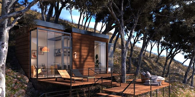 Gig Preview - Craft 3d stunning cabin house, container house, tiny house rendering, 3d cottage