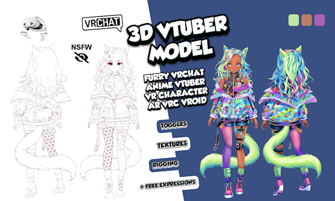 Gig Preview - Custom 3d furry vrchat avatar, 3d vrchat nsfw avatar, vseeface vtuber streaming