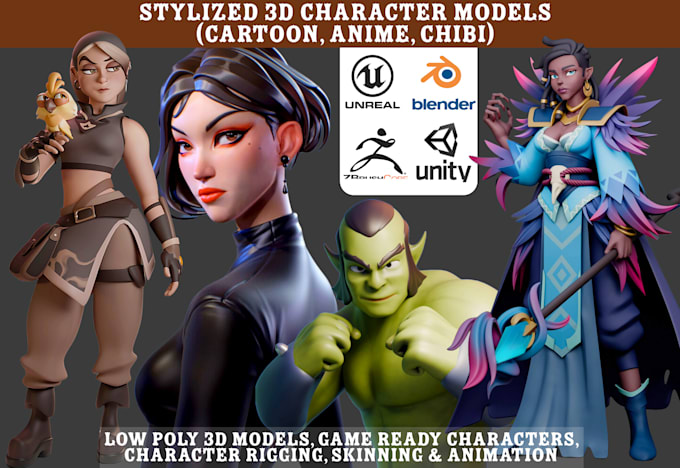 Gig Preview - Stylized 3d character model, 3d low poly game character anime 3d model cartoon