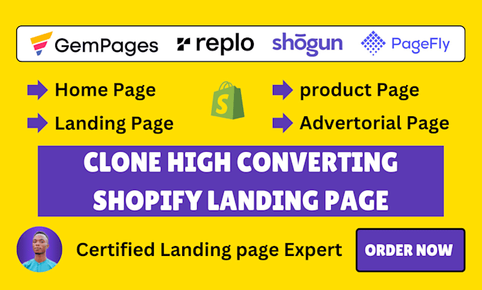 Gig Preview - Create or clone shopify landing page with replo, gempages, pagefly or shogun