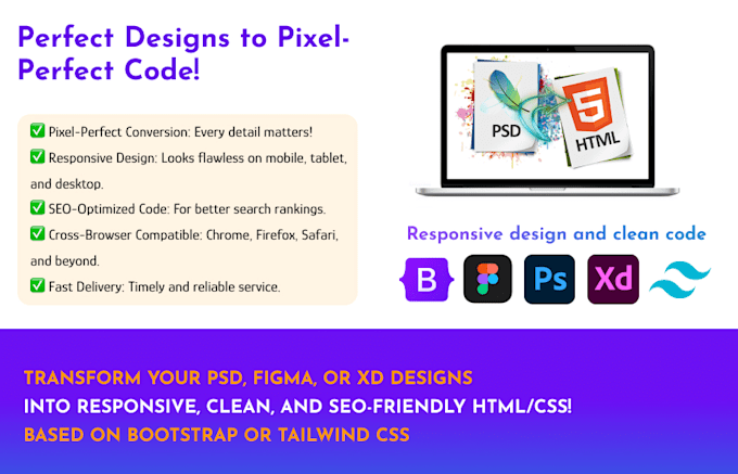 Gig Preview - Convert any design to responsive website using HTML CSS bootstrap tailwindcss