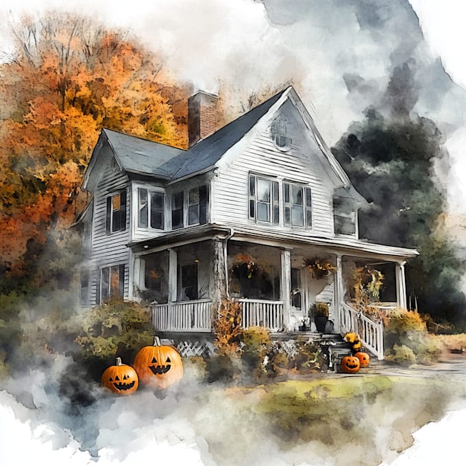 Gig Preview - Create digital halloween watercolor portrait of your house