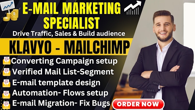 Gig Preview - Setup email marketing campaign flow template design mailchimp klaviyo specialist