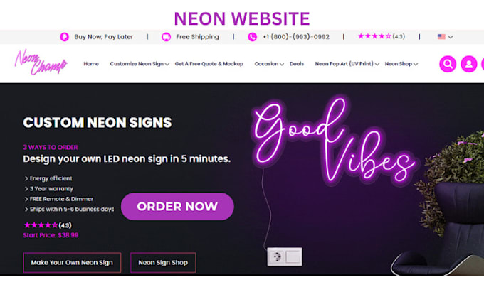 Gig Preview - Design neon ecommerce website neon sign website neon light neon shopify store