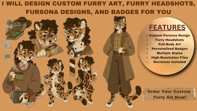 Gig Preview - Draw custom furry art, fursona character designs, furry headshots, badge for you