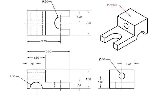 Gig Preview - Draw orthographic projections and isometric view in autocad