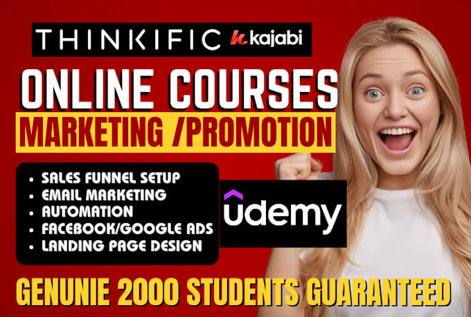 Gig Preview - Do kajabi online course promotion, udemy course promotion thinkific sales funnel