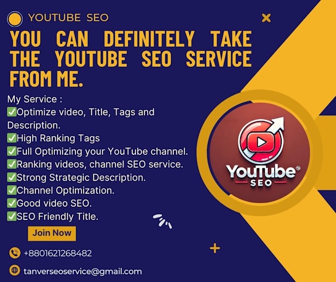 Gig Preview - Do youtube channel and video seo to improve your video organic rank