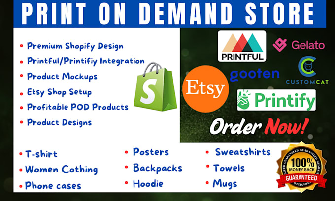 Gig Preview - Create etsy shopify print on demand store, setup printify printful shop