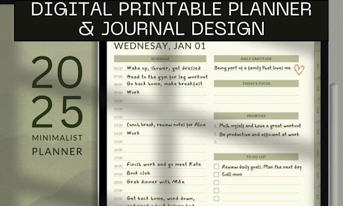 Gig Preview - Design minimalist 2025 diary, undated digital planner, habit goal mood tracker