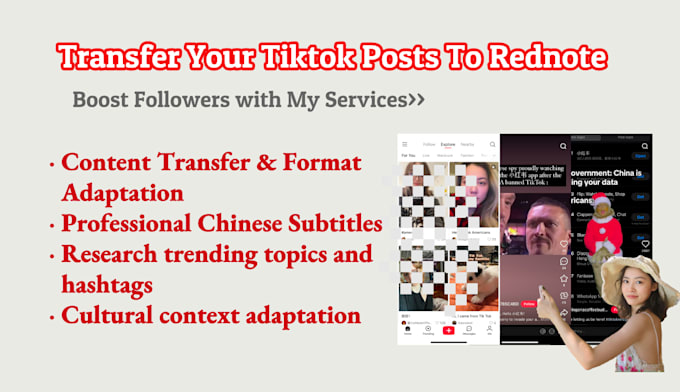 Gig Preview - Transfer your tiktok posts to rednote and add chinese subtitles