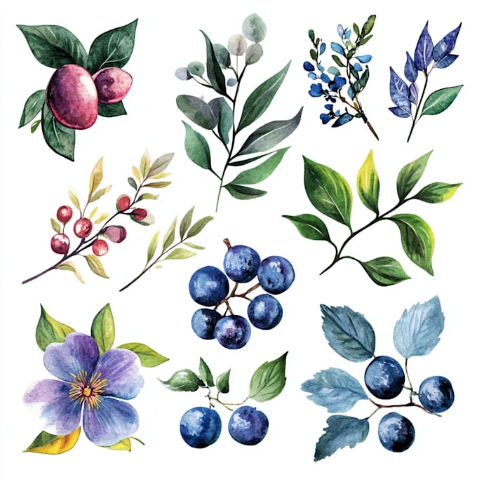 Gig Preview - Create digital botanical watercolor clipart of flowers, leaves, fruits, plants