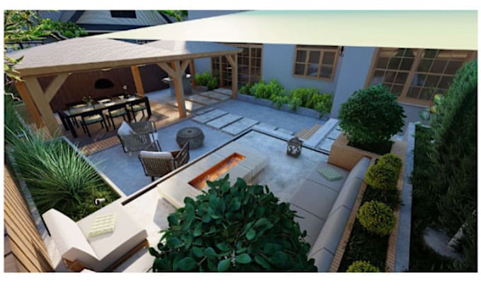 Gig Preview - Design landscape, backyard, frontyard, garden, pool, patio, 3d render and model