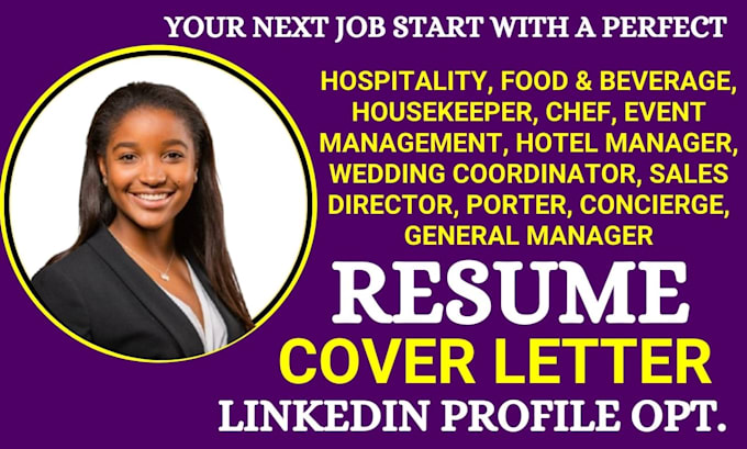 Gig Preview - Write hospitality, chef, hotel manager, concierge, proter, housekeeper resume