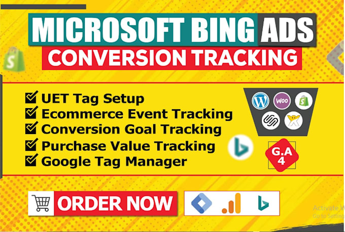 Gig Preview - Do microsoft bing ads uet tag, ga4 ecommerce conversion goal tracking with GTM