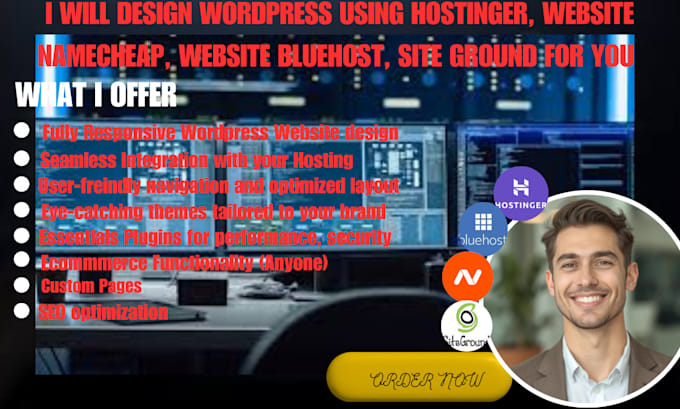 Gig Preview - Design wordpress using hostinger website namecheap bluehost siteground