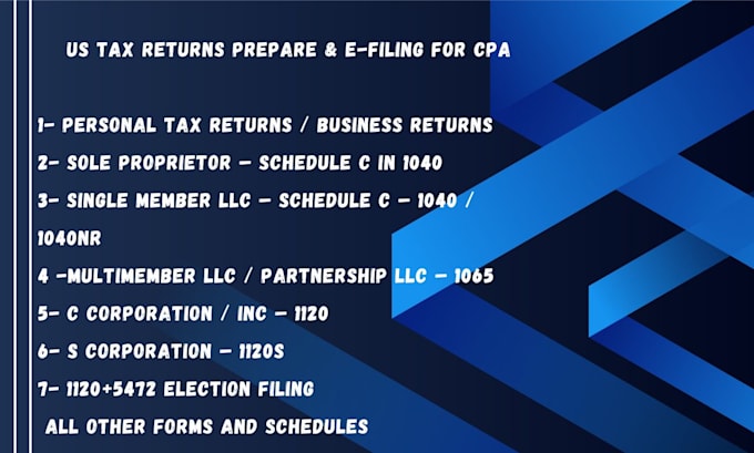 Gig Preview - Prepare US tax returns of individual and business 1040, 1120, ptin holder