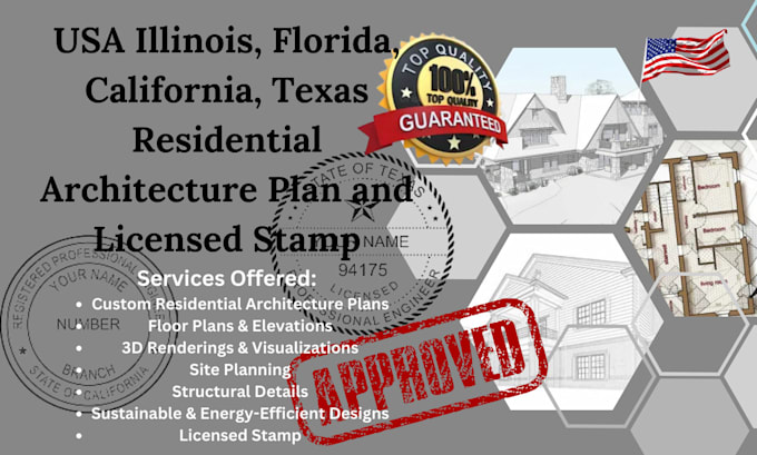 Gig Preview - Do usa il, fl, ca, tx residential architecture plan and licensed stamp