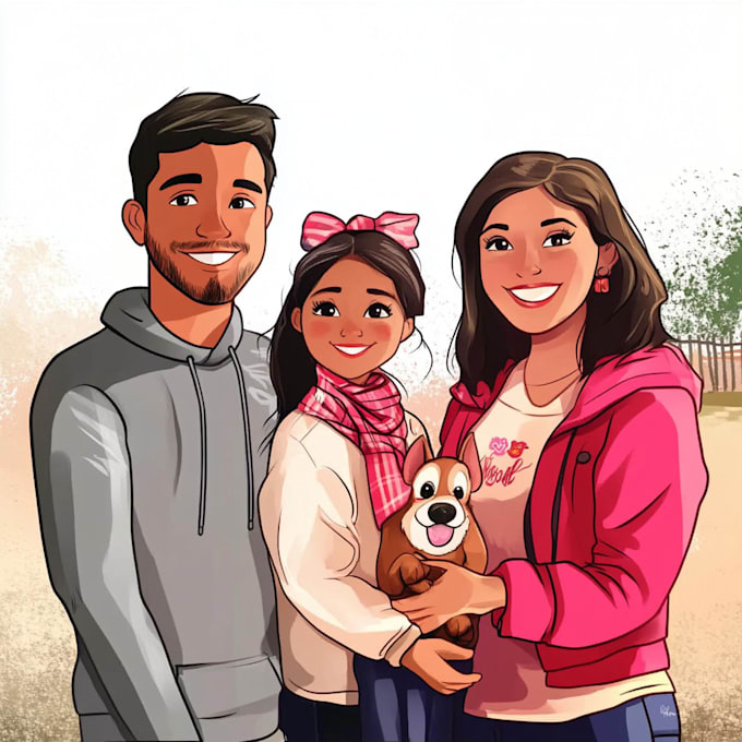 Bestseller - draw disney cartoon style couple,family,pet vector portrait