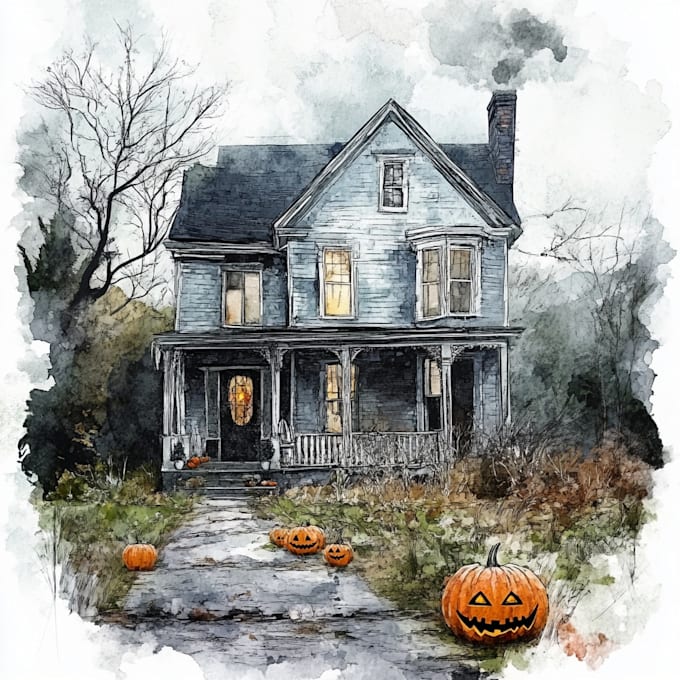 Gig Preview - Create digital halloween watercolor portrait of your house