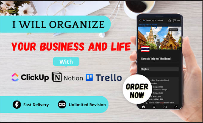 Gig Preview - Organize your life and business with notion clickup trello automation