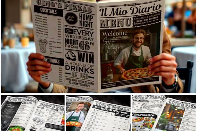 Gig Preview - Design classic newspaper dinner menu for restaurants, takeaways, social media