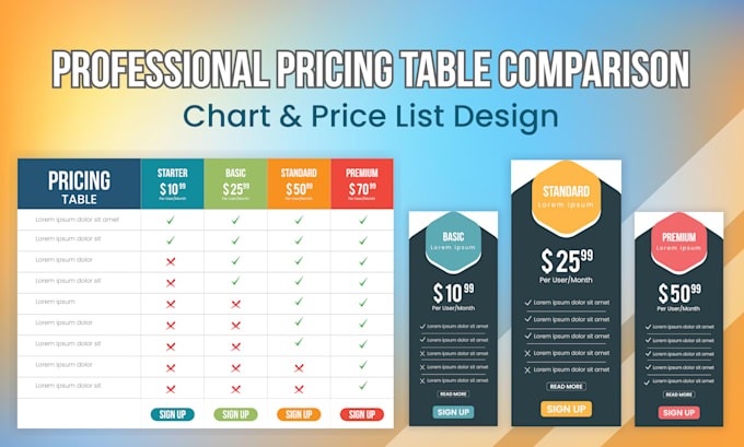 Gig Preview - Professional pricing table, comparison chart and price list design fast