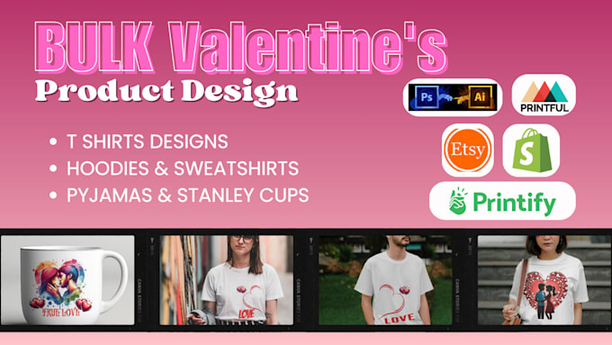 Gig Preview - Do valentines day t shirt designs with printify, etsy for print on demand shop