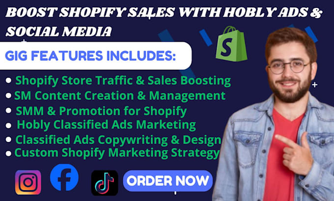 Gig Preview - Do do shopify marketing with hoobly classified ads and social media promotion