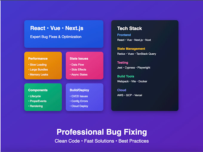 Gig Preview - Fix react, vue, next, and frontend bugs professionally