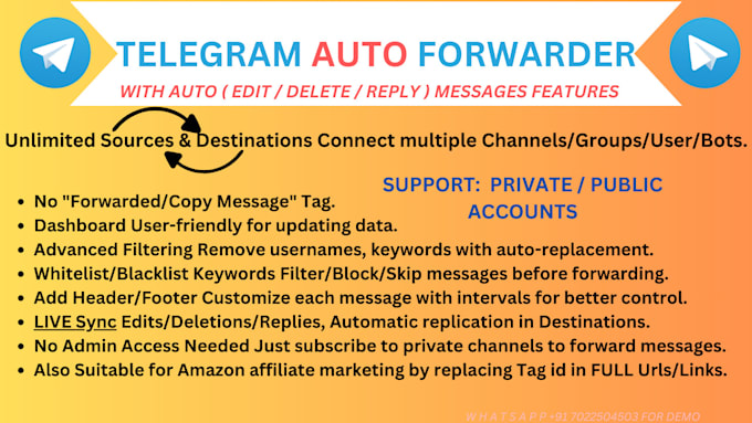 Gig Preview - Create a telegram auto forward bot for unlimited channels groups users bots