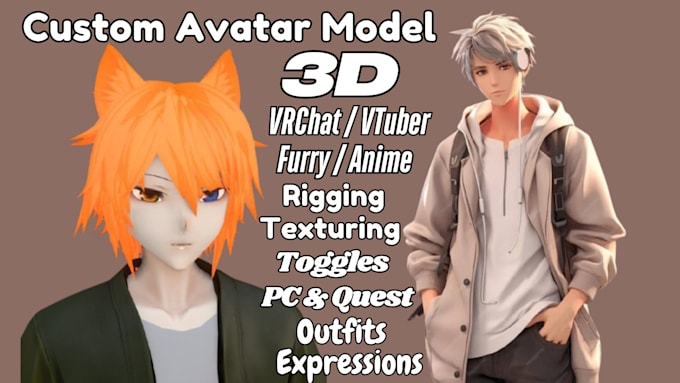 Gig Preview - Model custom 3d vrchat avatar vtuber avatar avi oc sfw furry anime unity model