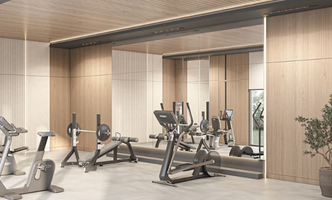 Gig Preview - Make 3d realistic gym interior design, fitness center, 3d basement, field render