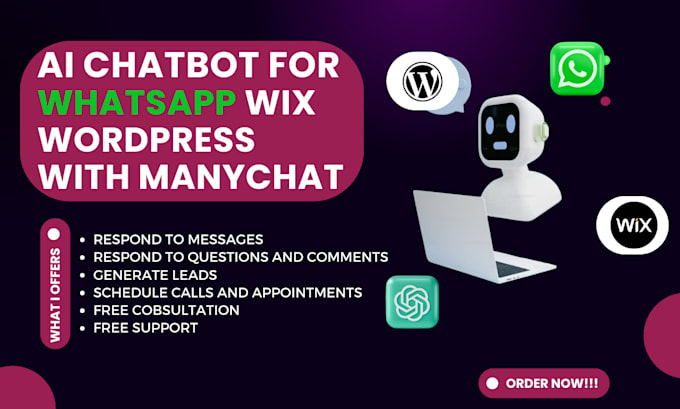 Gig Preview - Create ai powered chatbot for whatsapp wix wordpress using manychat