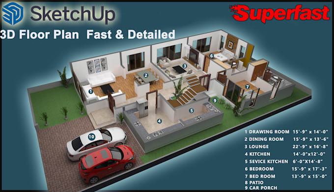 Gig Preview - Create realistic 3d floor plan in sketchup for real estate and architecture