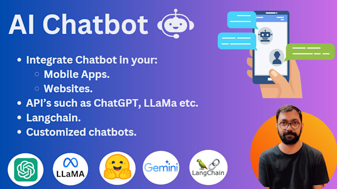 Gig Preview - Build custom ai chatbots with chatgpt, llms for websites and apps integration