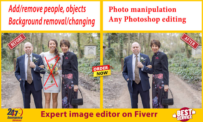 Gig Preview - Remove objects, people, edit photo background in photoshop with express delivery